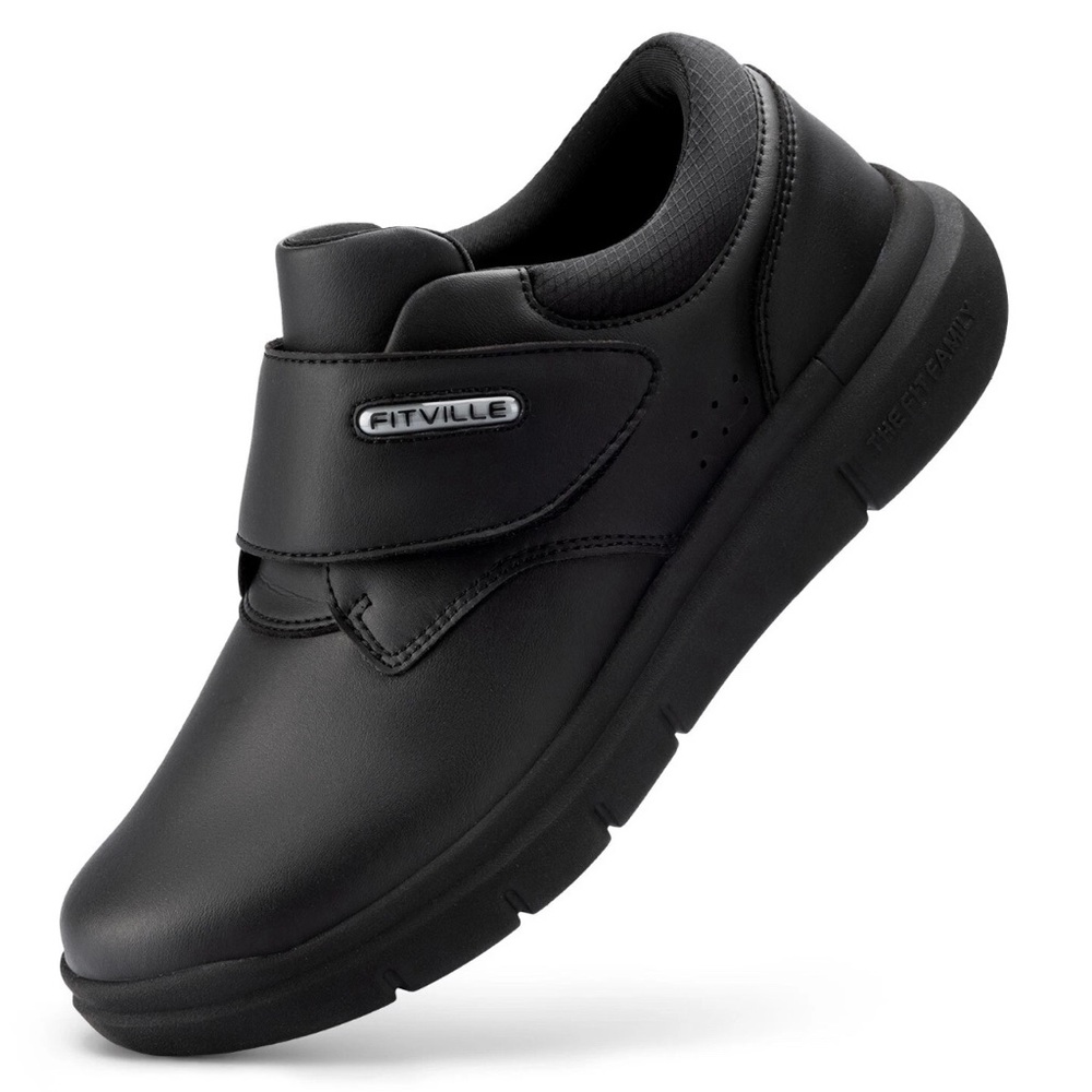 FitVille Black Leather Diabetic Hook And Loop Extra Wide Shoes